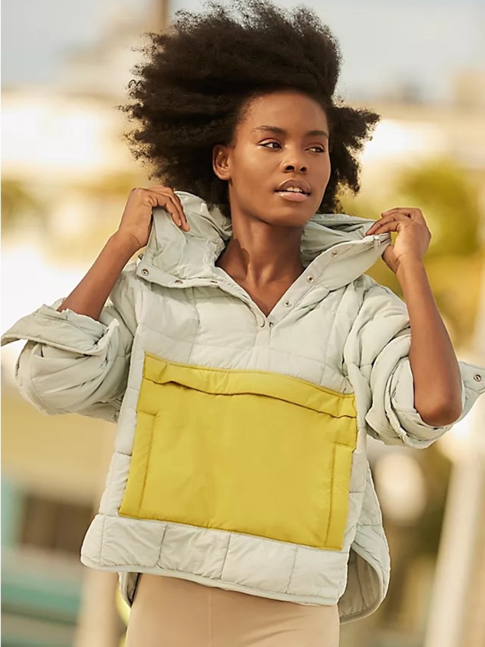 Free People Quilted Puffer Jacket in Light Blue with Yellow Pocket